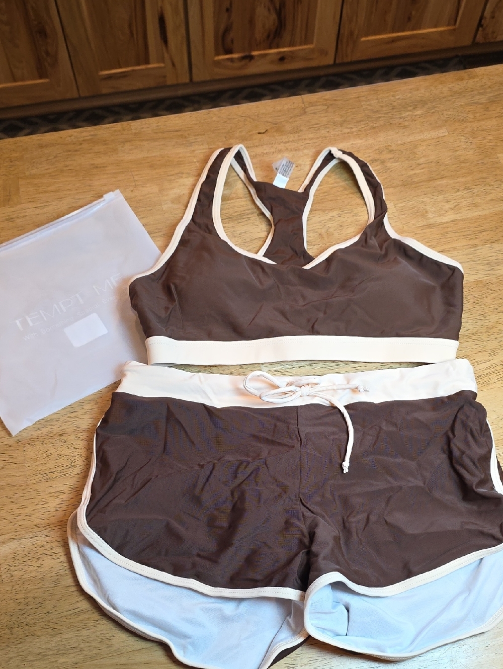 Tempt Me Brown and Cream Racerback Sports Bikini & Shorts Set